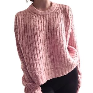 American Eagle Women's Oversized Knit Crochet Pink Crewneck Sweater